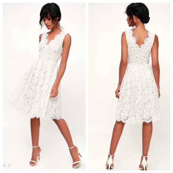 Lulus Dresses & Skirts - Lulu’s Love Swept White Lace Midi Skater Dress L